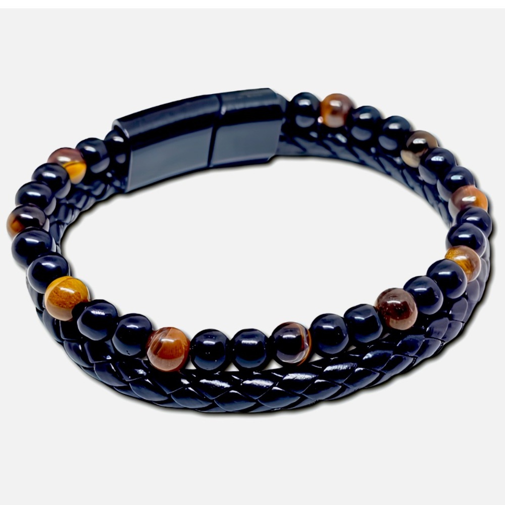 Protection Bracelet Obsidian Tigers Eye Gemstone Leather Magnetic Clip Bracelet